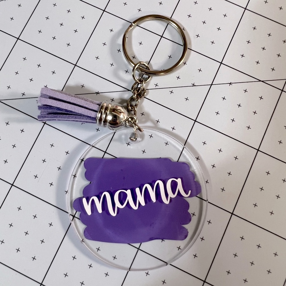 Handmade purple mama 2” acrylic handmade keychain with tassel